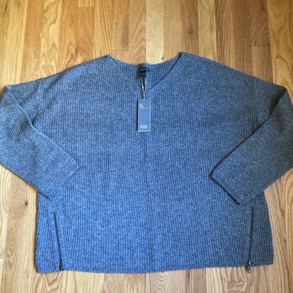 Eileen Fisher Gray V-Neck Box Top in Cozy Melange Wool Rib Knit, XL, NWT